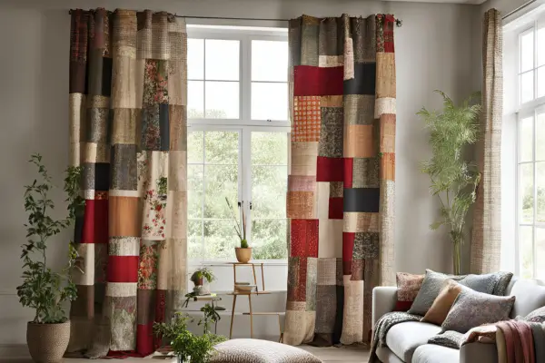 Cortinas rústicas com tecido usado, proporcionando um toque vintage e sustentável para a decoração do ambiente