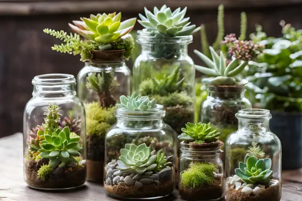 Mini jardins de vidro para plantas criando uma decoração verde e encantadora em espaços pequenos como apartamentos e casas.